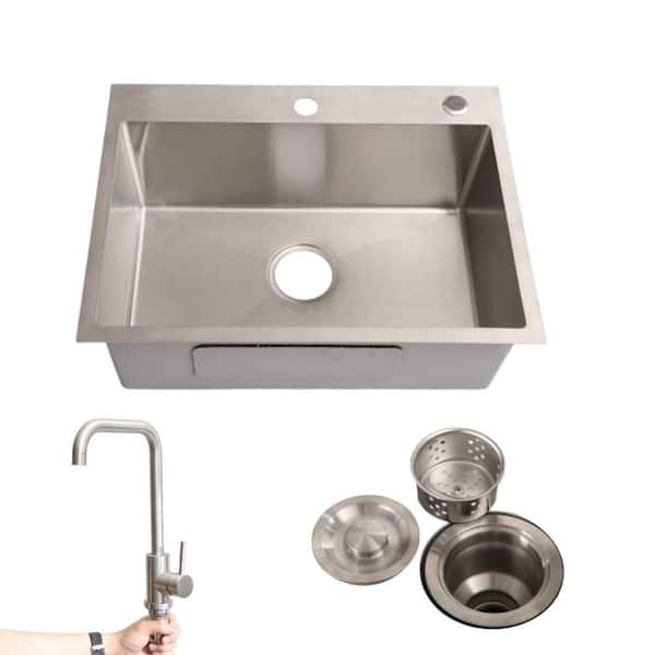 24 in. Drop-In Single Bowl 12-Gauge Stainless Steel Kitchen Sink with Faucet