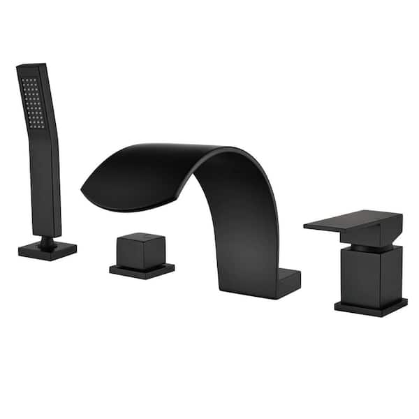 AIMADI Single-Handle Waterfall Deck-Mount Roman Tub Faucet with Hand Shower Modern Brass 4-Hole Bathtub Fillers in. Matte Black