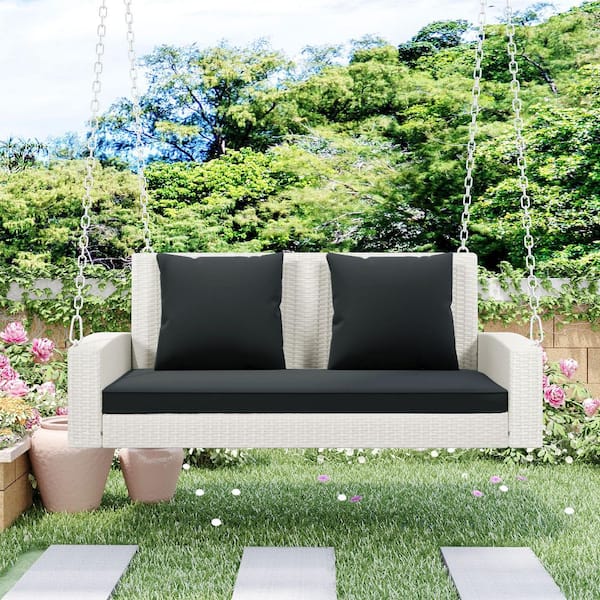 TIRAMISUBEST 2-Person White Wicker Porch Swing with Gray Cushion