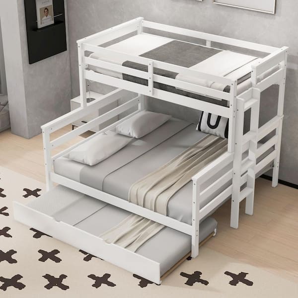 Detachable White Wood Twin XL over Queen Bunk Bed with Ladder, Twin Size Trundle
