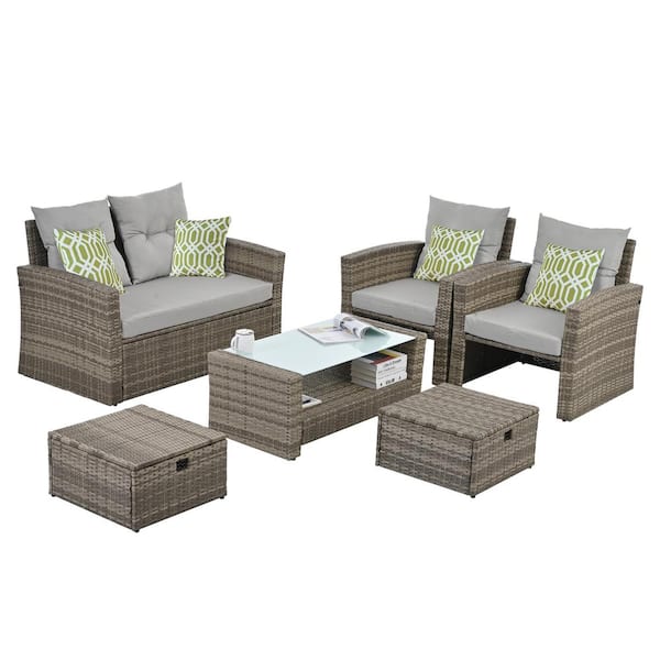 Sudzendf Brown 6-Piece Wicker Outdoor Patio Conversation Set With Tempered Glass Coffee Table and Gray Cushions