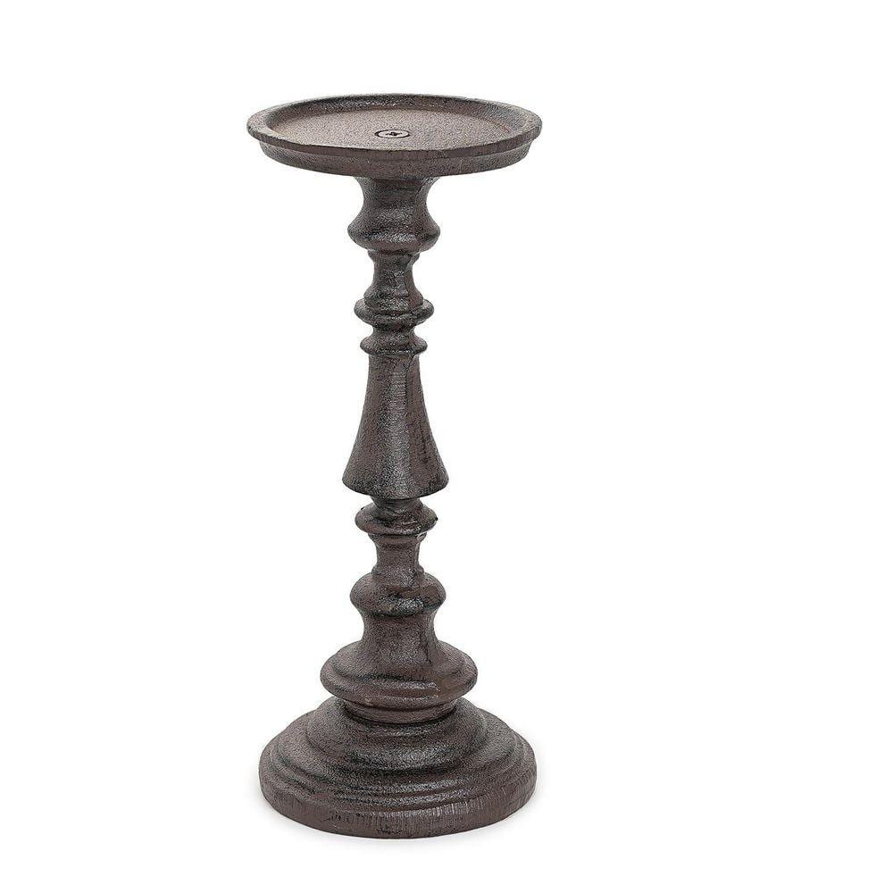 Antique Black Brown Cast Iron Pillar Candle Holder 9.6 in. Tall