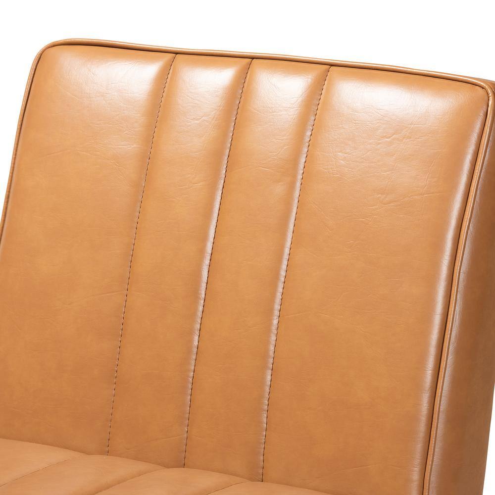 Tan Faux Leather and Walnut Wood Low Arm Chair