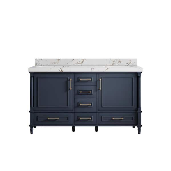 Willow Collections Hudson 60 in. W x 22 in. D x 36 in. H Double Sink Bath Vanity in Navy Blue with 2 in. Viola Brown qt. Top