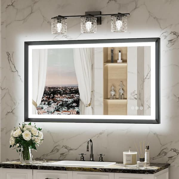 KeonJinn 40 in. W x 24 in. H Rectangular Framed LED Lighted Bathroom Vanity Mirror with Light in Black with Backlit and Anti-Fog