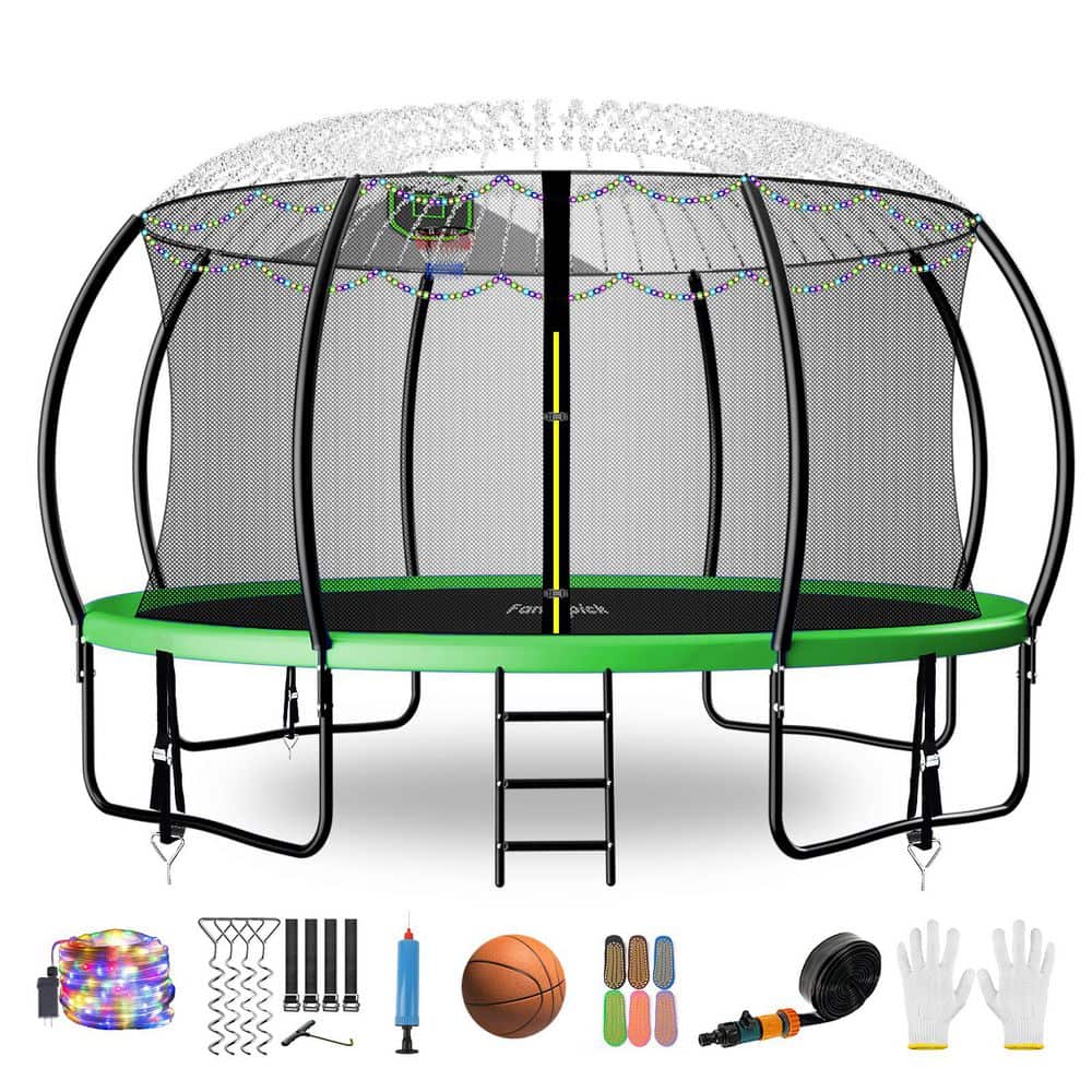 14 ft. Backyard Trampoline With Safety Enclosure, Basketball Hoop, Sprinkler, Lights