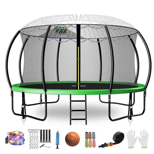 fiziti 14 ft. Backyard Trampoline With Safety Enclosure, Basketball Hoop, Sprinkler, Lights