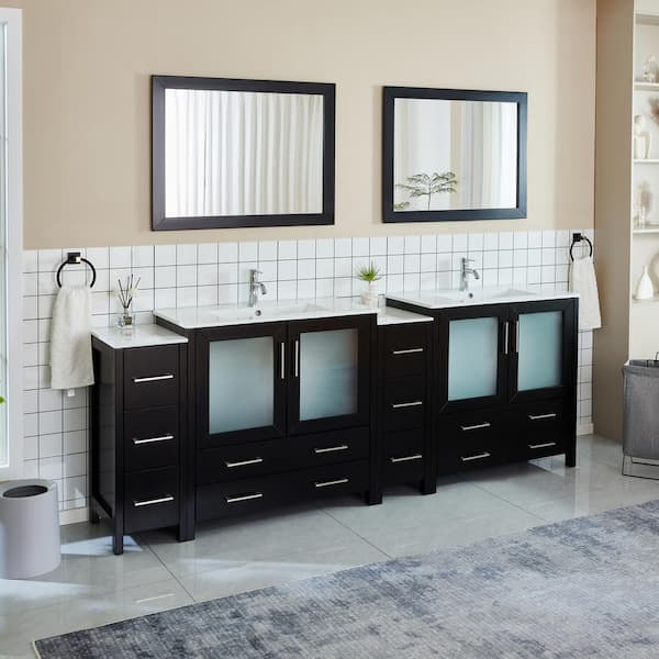 Brescia 96 in. W x 18 in. D x 36 in. H Bathroom Vanity in Espresso with Double Basin Top in White Ceramic and Mirrors