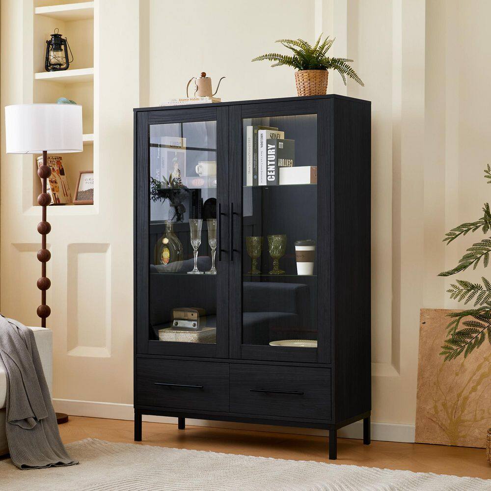Black 60 in. Accent Cabinet with Tempered Glass Adjustable Shelves, Modern Office Storage Cabinet with Metal Legs
