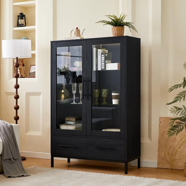 Black 60 in. Accent Cabinet with Tempered Glass Adjustable Shelves, Modern Office Storage Cabinet with Metal Legs