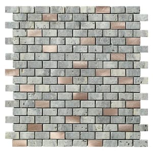 Shoreditch Gray 3.93 in. x 4.33 in. Brick Joint Matte/Brushed Marble & Metal Mosaic Wall Tile Sample (0.11 sq. ft./Ea)