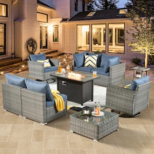 Daffodil H Gray 9-Piece Wicker Patio Fire Pit Conversation Sofa Set with Swivel Rocking Chairs and Denim Blue Cushions