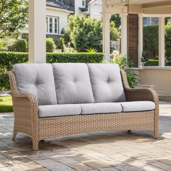 3-Seat Yellow PE Wicker Outdoor Couch with Beige Cushions and Curved Arm Design