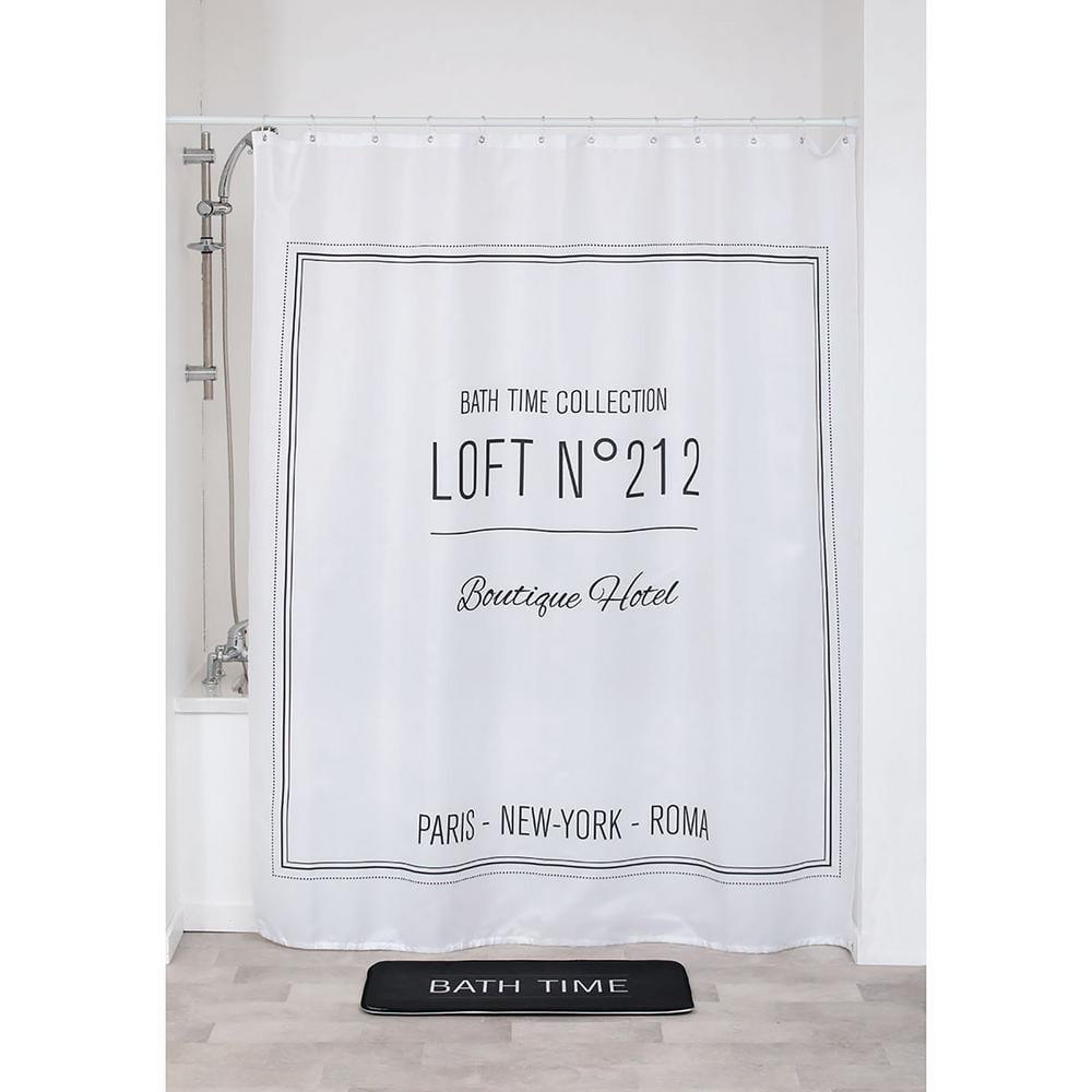 Extra Long White Polyester Shower Curtain with Black Writing Design