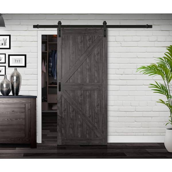 36 in. x 84 in. Iron Age Grey K Design Solid Core Interior MDF Sliding Barn Door with Rustic Hardware Kit
