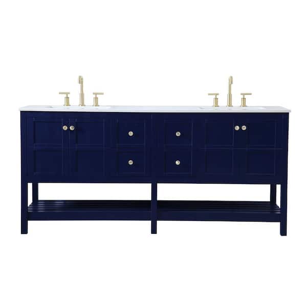 Unbranded Timeless Home 72 in. W x 22 in. D x 34 in. H Double Bathroom Vanity in Blue with White Engineered Stone with White Basin