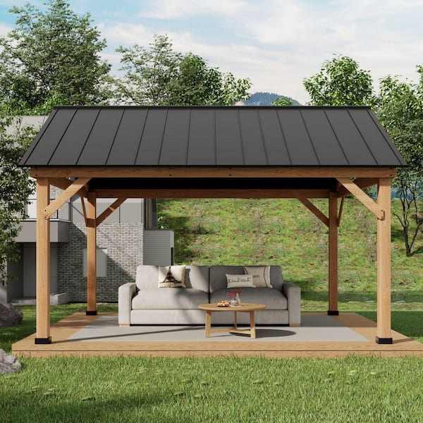 13 ft. x 15 ft. Outdoor Patio Cedar Wood Hardtop Gazebo with Black Galvanized Steel Roof, UV Protection and Ceiling Hook
