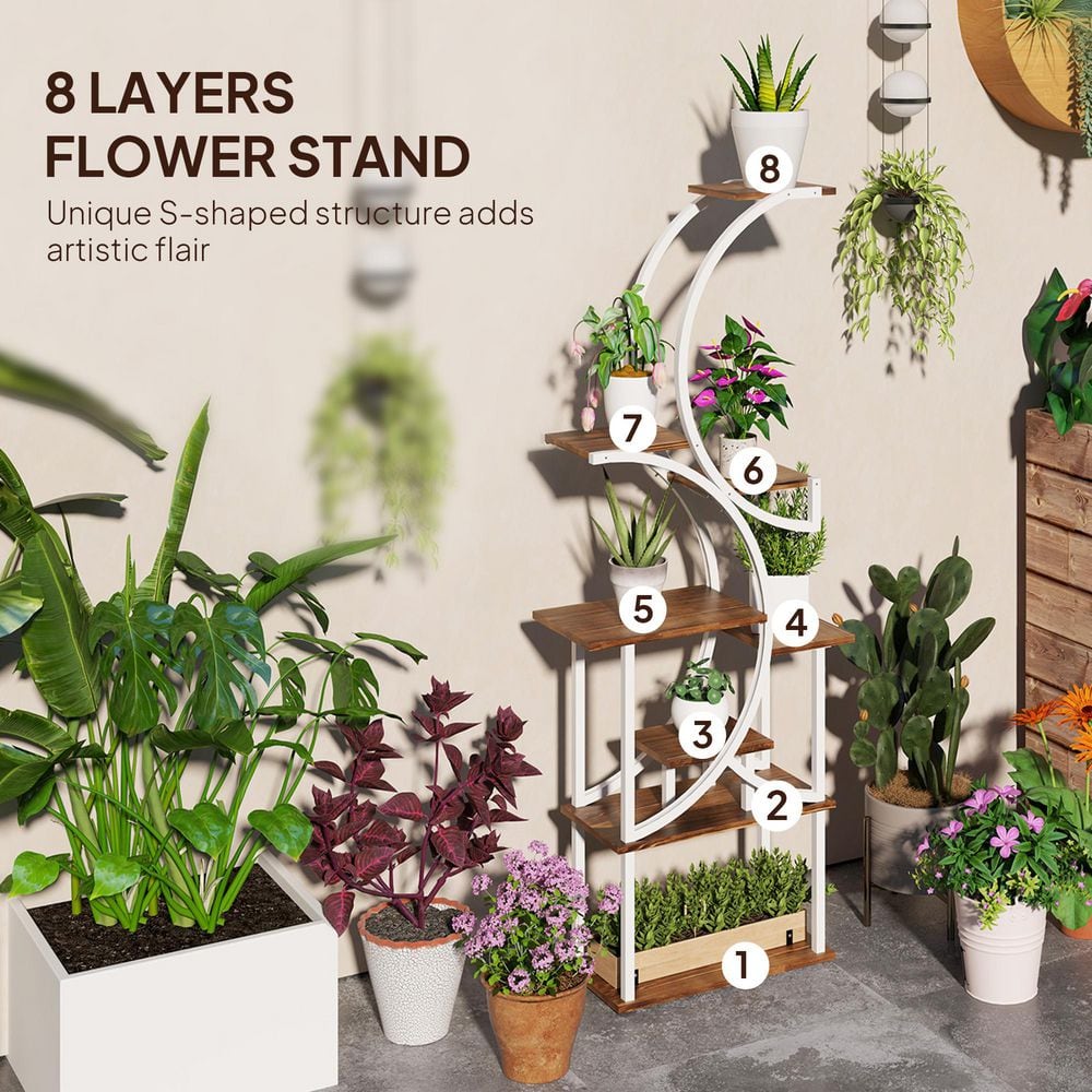 Carbonized Finish White Steel and Fir Wood 8-Tier S-Shaped Plant Stand