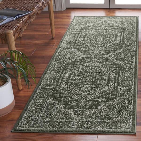 Adirondack Dark Green/Ivory 3 ft. x 8 ft. Border Medallion Runner Rug