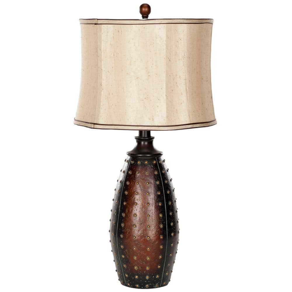 Santa Fe Rustic Brown Studded Faux Leather Table Lamp Set with Beige Shades
