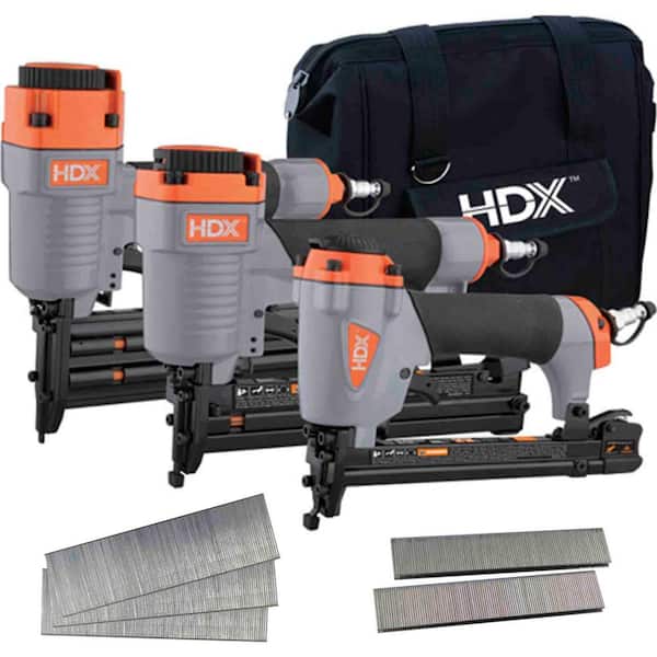 HDX Pneumatic Finish and Trim Nailer and Staplers Combo Kit with Canvas Bag and Fasteners (3-Piece)