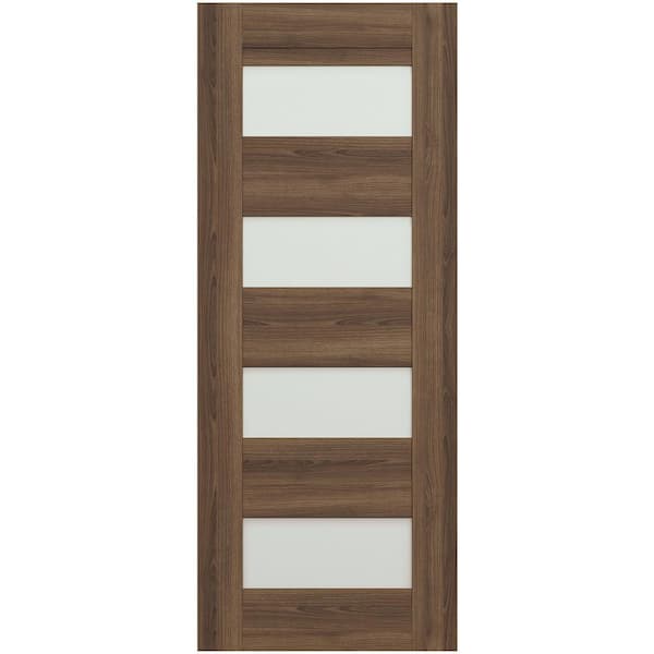 Vona 07-08 28 in. x 80 in. No Bore 4-Lite Frosted Glass Composite Pecan Nutwood WoodInterior Door Slab