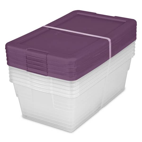 Sterilite Stackable 6 Qt Storage Box Container, Clear, Purple Lid (30 Pack)  