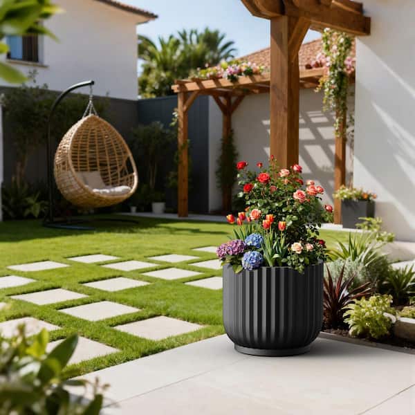 16.5in.W x 14.5in.H Matte Black Round Concrete Plant Pot Modern Design Extra Large Flower Planter with Drainage Hole