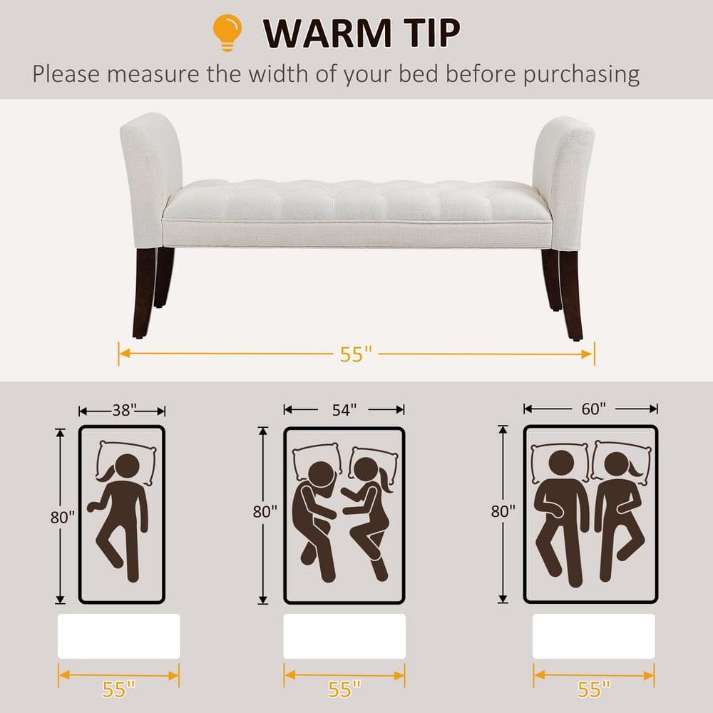 Elegant Cream White Linen Upholstered Bed End Bench with Tufted Design