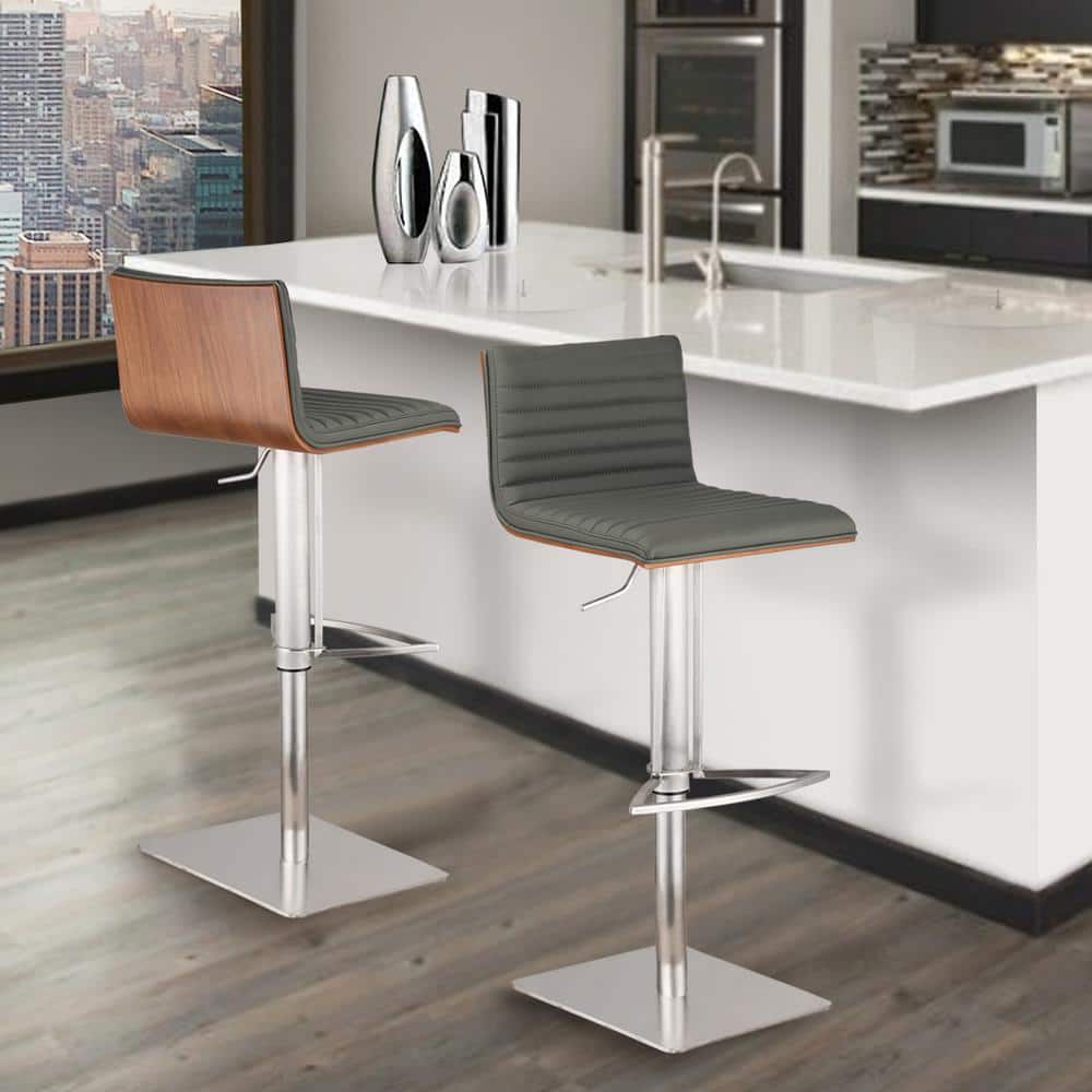 Contemporary 32" Gray Faux Leather & Walnut Swivel Bar Stool