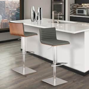 Cafe 31-41 in. Gray Faux Leather with Brushed Stainless Steel Finish and Walnut Veneer Back Adjustable Swivel Bar Stool