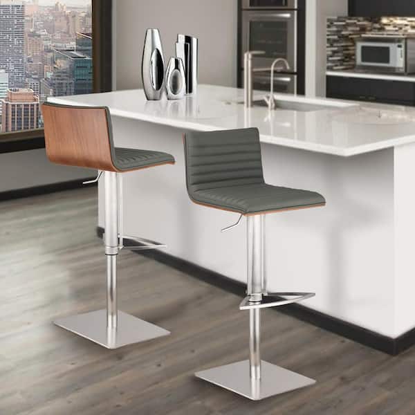 Armen Living Cafe 31-41 in. Gray Faux Leather with Brushed Stainless Steel Finish and Walnut Veneer Back Adjustable Swivel Bar Stool