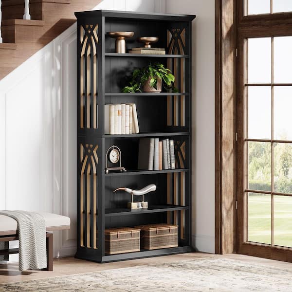 BYBLIGHT Eulas 75 in. Tall Black Wood 6-Shelf Standard Bookcase with Interior Shelves, Storage Living Room, Home Office, Bedroom