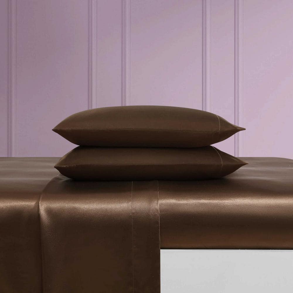 Espresso Brown Twin Satin Sheet Set with Microfiber