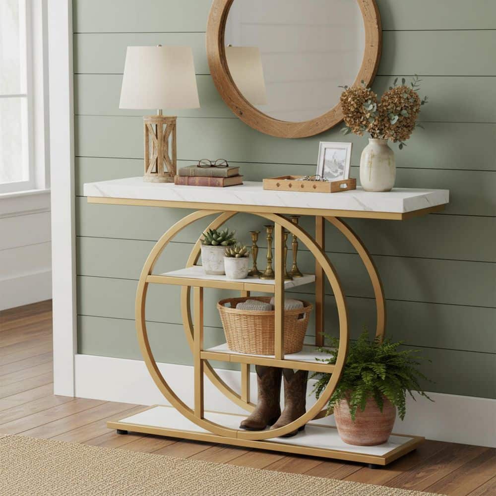 BYBLIGHT Turrella 41.3in. White and Gold Rectangle Wood Console Table ...