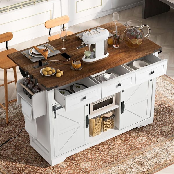 Coporesell White Rubber Wood Kitchen Cart with Drop Leaf and Power Outlet