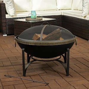 26-In Contemporary Steel Fire Bowl with Handles and Spark Screen
