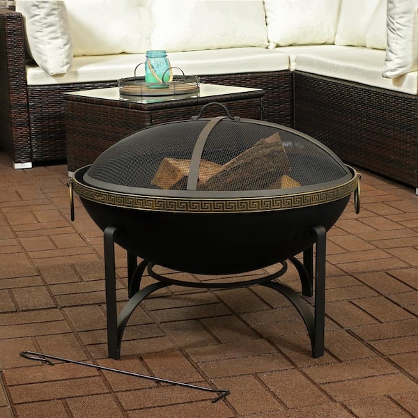 26-In Contemporary Steel Fire Bowl with Handles and Spark Screen