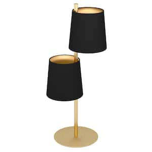 Almeida 8.66 in. W x 23.82 in. H 2-Light Brushed Brass Table Lamp with Black Exterior and Gold Interior Fabric Shades