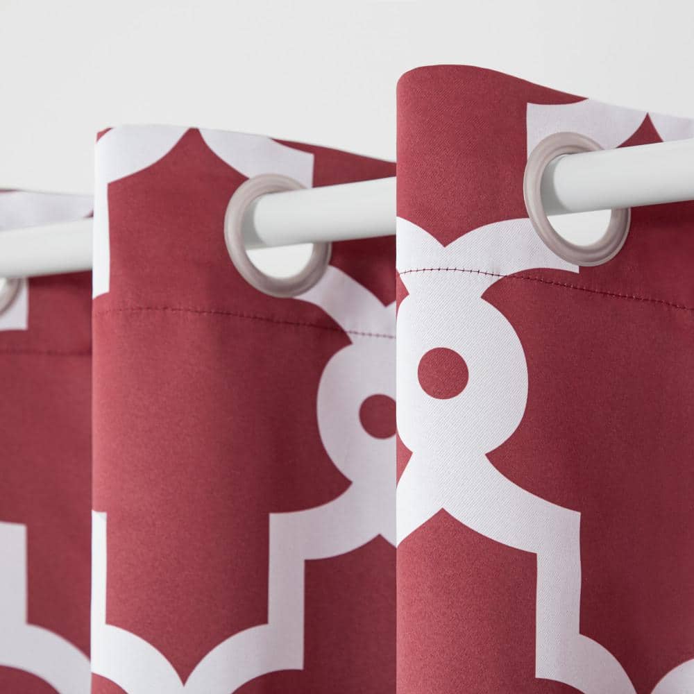 Burgundy and White Geometric Blackout Grommet Curtains