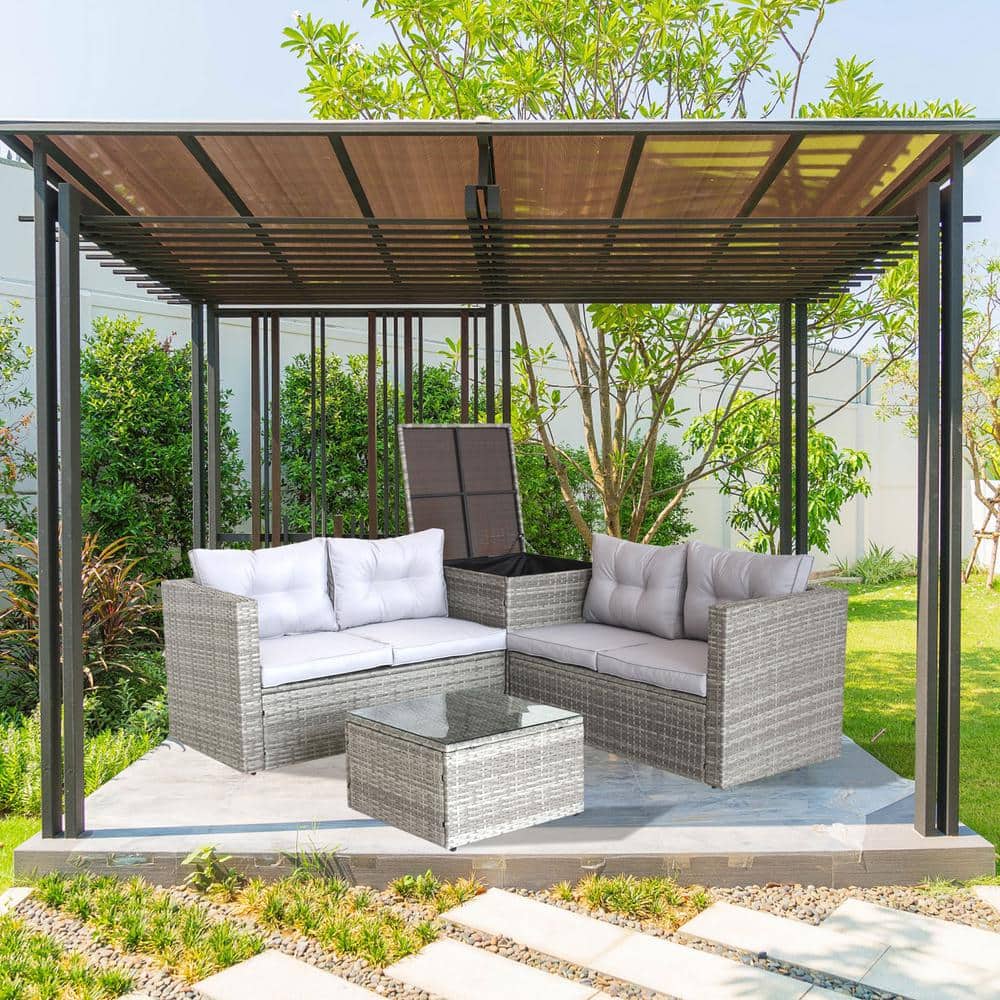 4-Piece Wicker Outdoor Loveseat Set, Patio Sofa Set with Storage Box, Coffe