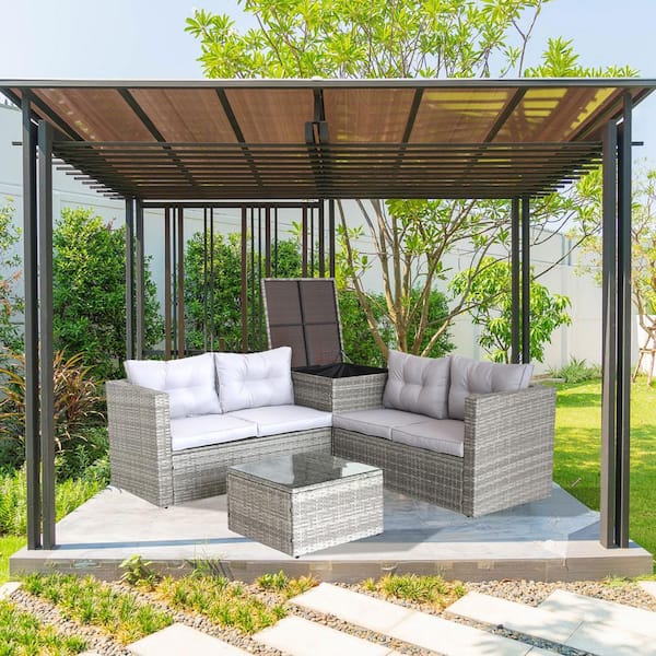 Unbranded 4-Piece Wicker Outdoor Loveseat Set, Patio Sofa Set with Storage Box, Coffee Table and Gray Cushions