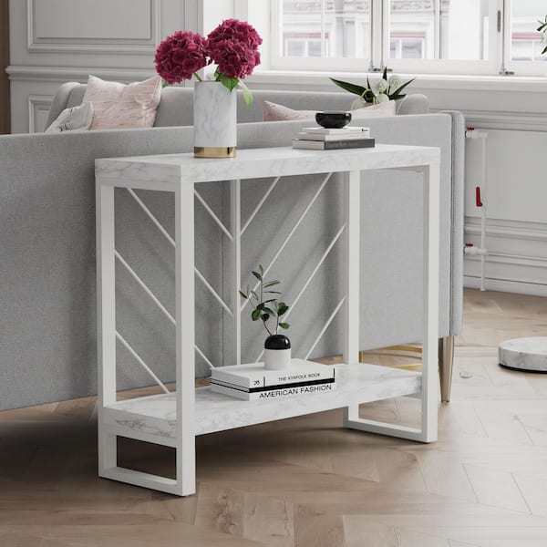 CosmoLiving by Cosmopolitan Brielle 11.8 in. in Faux White Marble, Rectangle MDF top, Console Table with metal legs