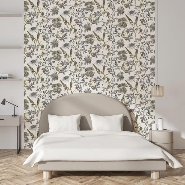 Botanical Blueprint Painterly Branches Grey with Ecru Cream Ground Wallpaper Sample