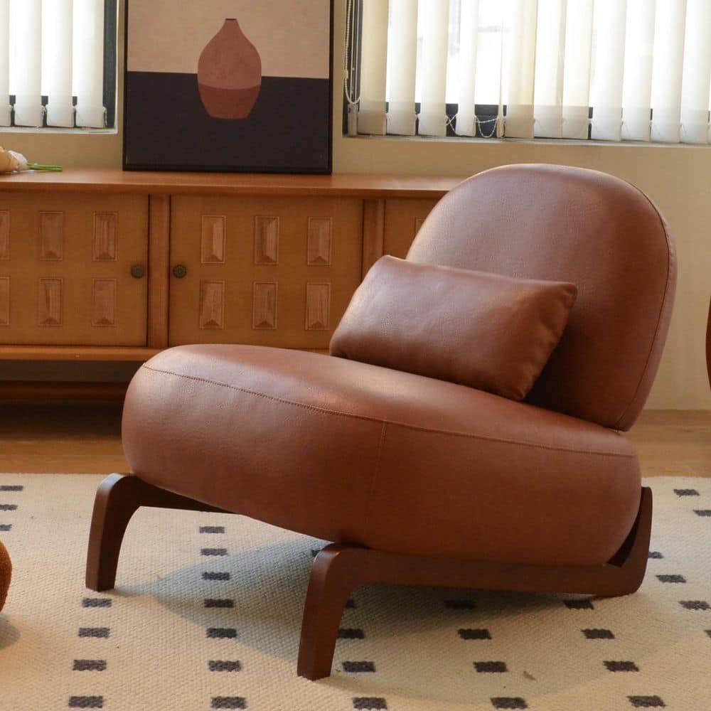Wendell Modern Brown Faux Leather Upholstered Accent Side Chair with Pillow, Solid Wood Legs