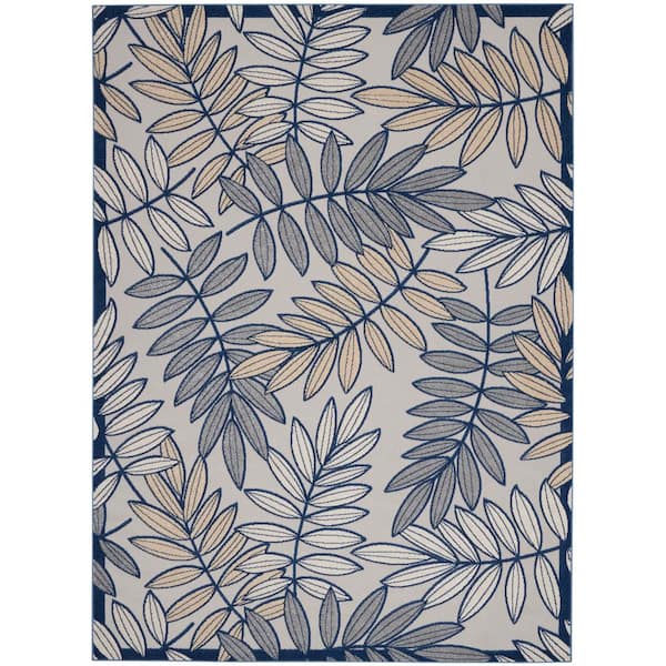 Aloha Ivory/Navy 10 ft. x 13 ft. Floral Contemporary Indoor/Outdoor Patio Area Rug