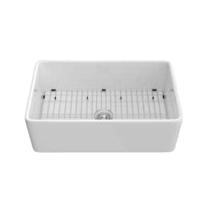 Baily White Fireclay 33 in. Single Bowl Farmhouse Apron Workstation Kitchen Sink with Grid and Strainer