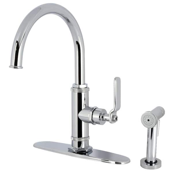 Kingston Brass Whitaker Deck Mount Single Handle Standard Kitchen Faucet with Sprayer in Polished Chrome