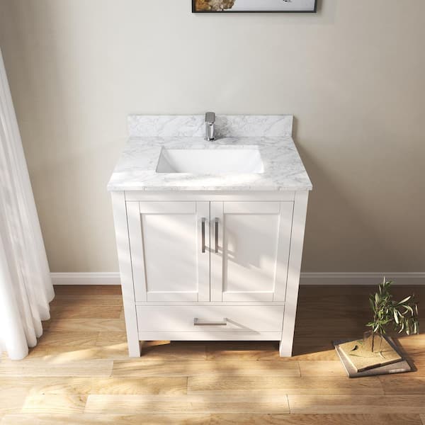 30 in. W x 22 in. D x 35 in. H Single Sink Bath Vanity Cabinet in White with Cultured Marble Top