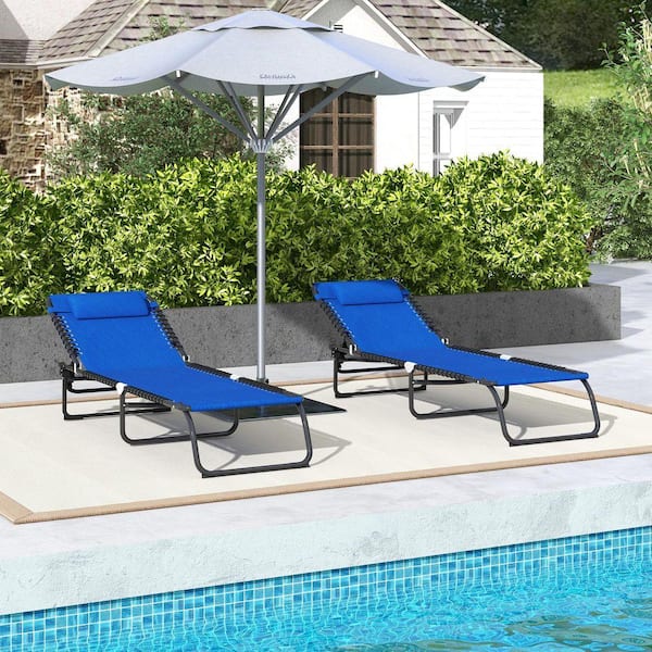 Blue 2-Piece Metal Outdoor Folding Chaise Lounge, Patio Reclining